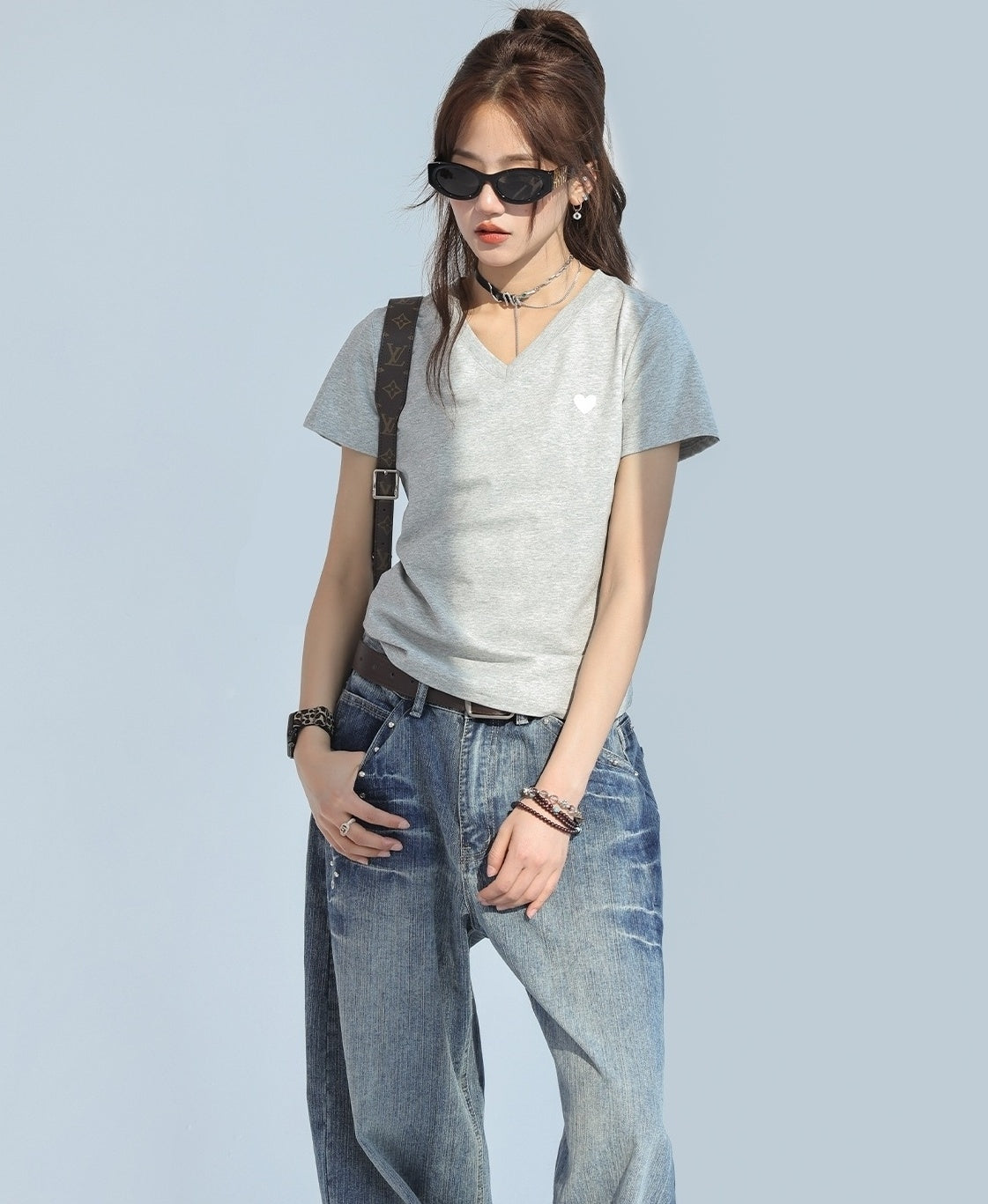 Heart Embroidered V Neck Short Sleeve Cooling Top
