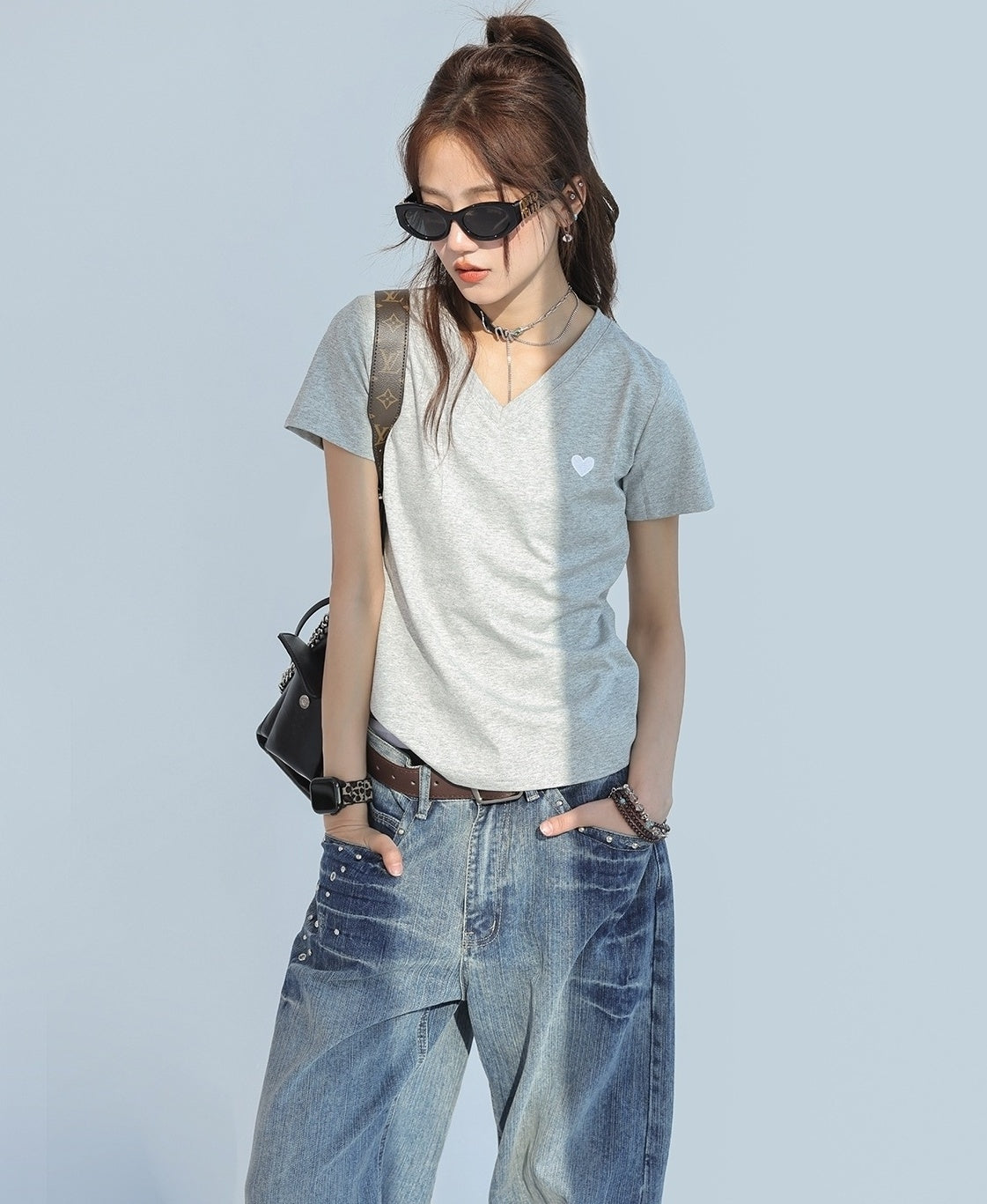 Heart Embroidered V Neck Short Sleeve Cooling Top