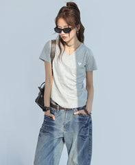 Heart Embroidered V Neck Short Sleeve Cooling Top