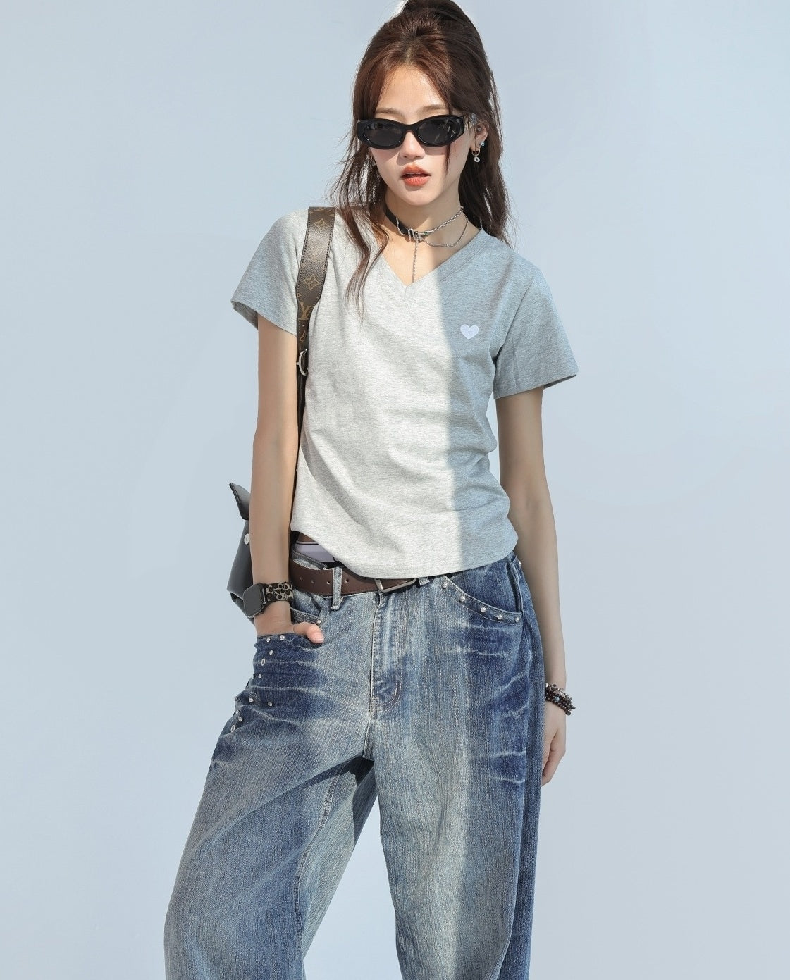 Heart Embroidered V Neck Short Sleeve Cooling Top