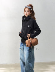 Heart Embroidered Zip Up Cropped Sweatshirt Jacket