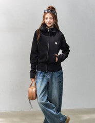 Heart Embroidered Zip Up Cropped Sweatshirt Jacket