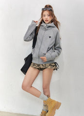 Heart Embroidered Zip Up Cropped Sweatshirt Jacket