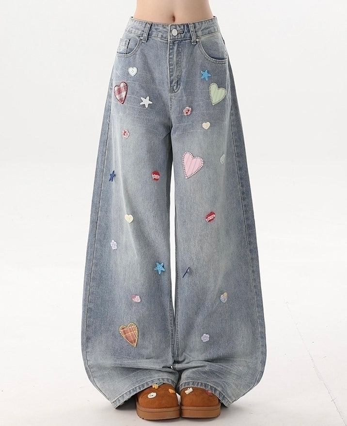 Heart Star Patch Denim Wide Leg Jeans