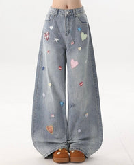 Heart Star Patch Denim Wide Leg Jeans