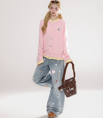 Heart Star Patch Denim Wide Leg Jeans