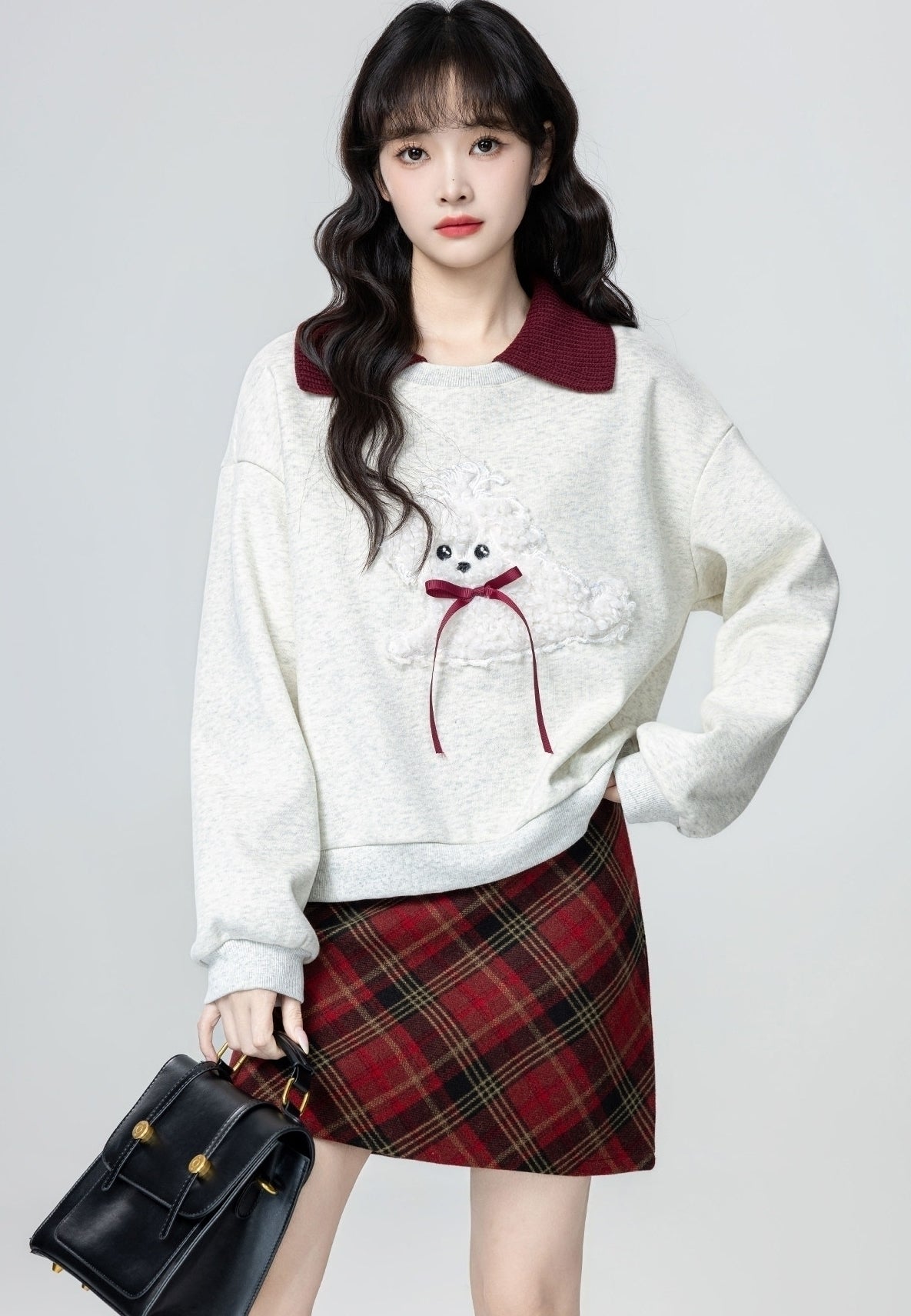 Heather Grey Polo Collar Cartoon Colorblock Sweatshirt