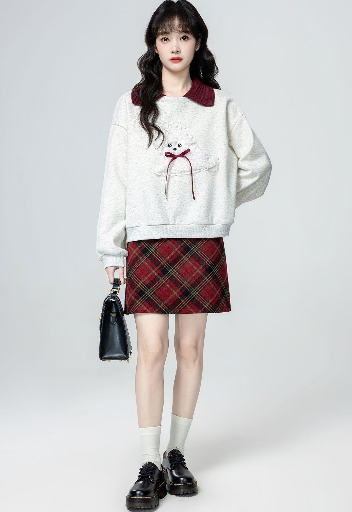 Heather Grey Polo Collar Cartoon Colorblock Sweatshirt