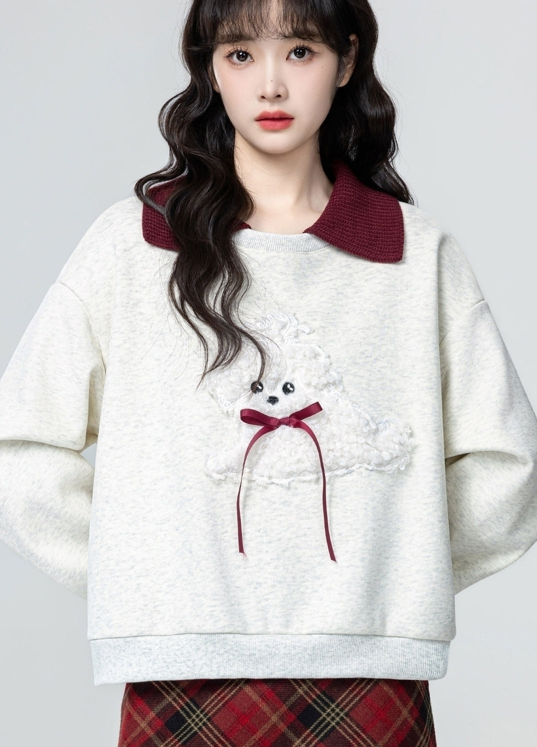 Heather Grey Polo Collar Cartoon Colorblock Sweatshirt