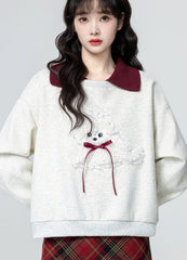 Heather Grey Polo Collar Cartoon Colorblock Sweatshirt