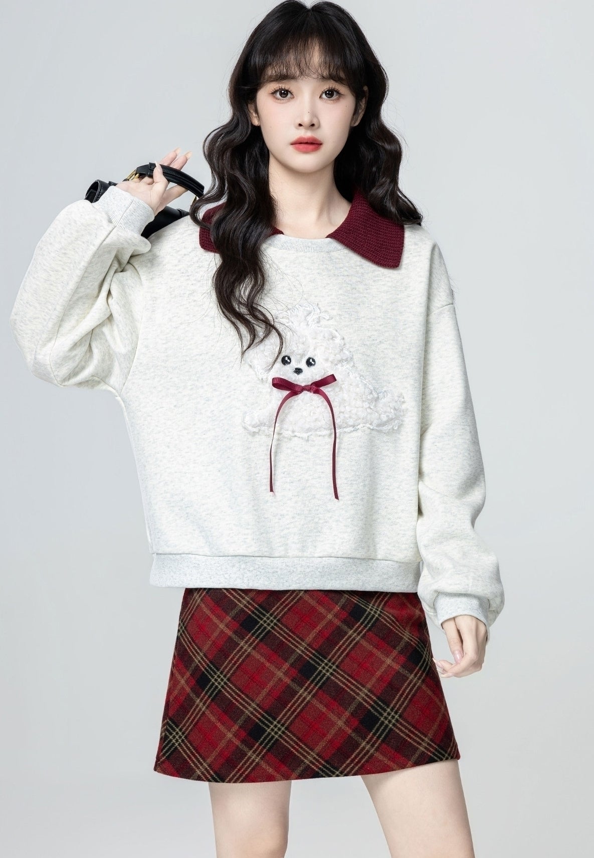 Heather Grey Polo Collar Cartoon Colorblock Sweatshirt