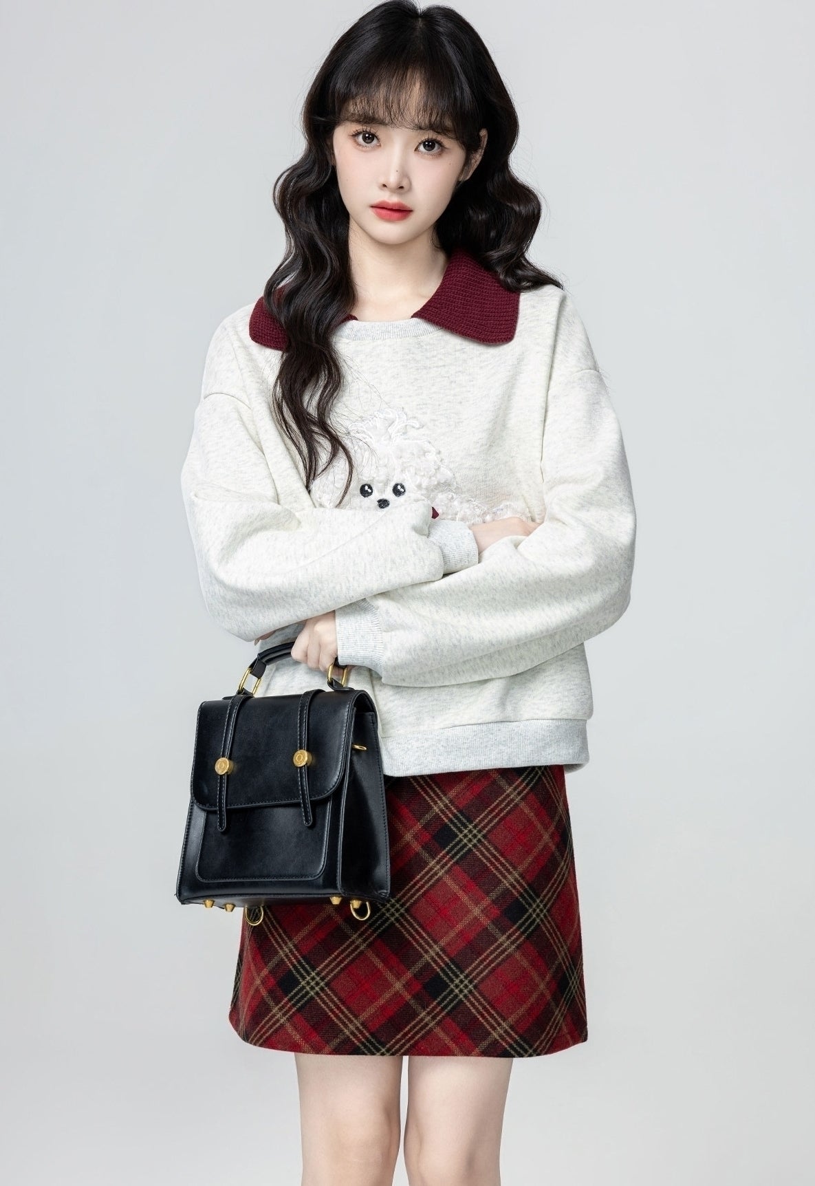 Heather Grey Polo Collar Cartoon Colorblock Sweatshirt