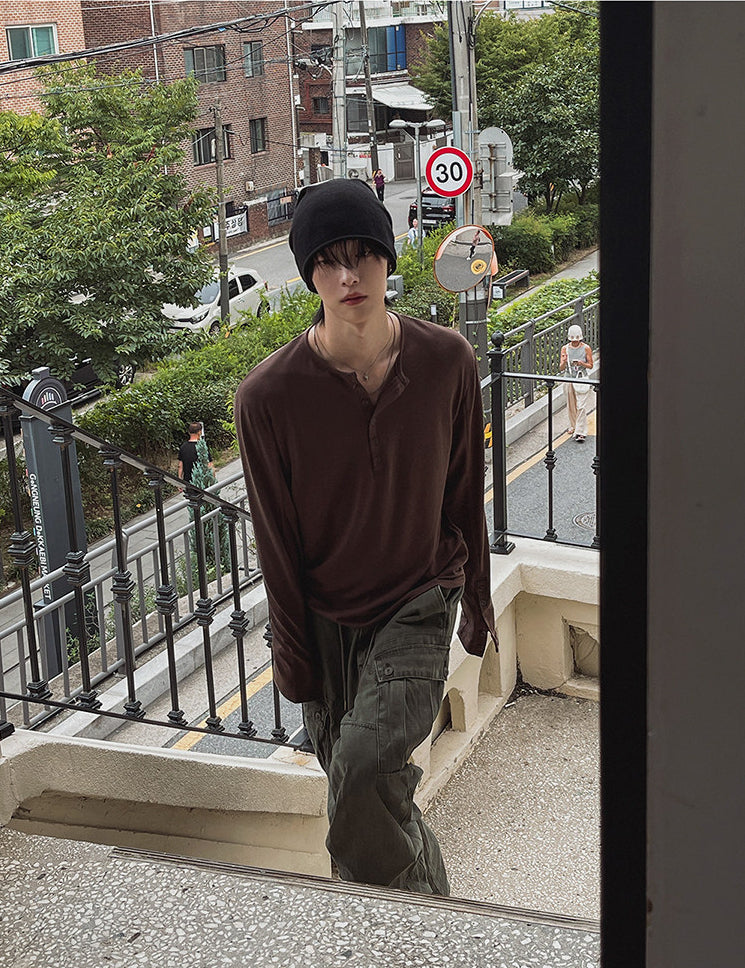 Henley Long Sleeve Casual T Shirt