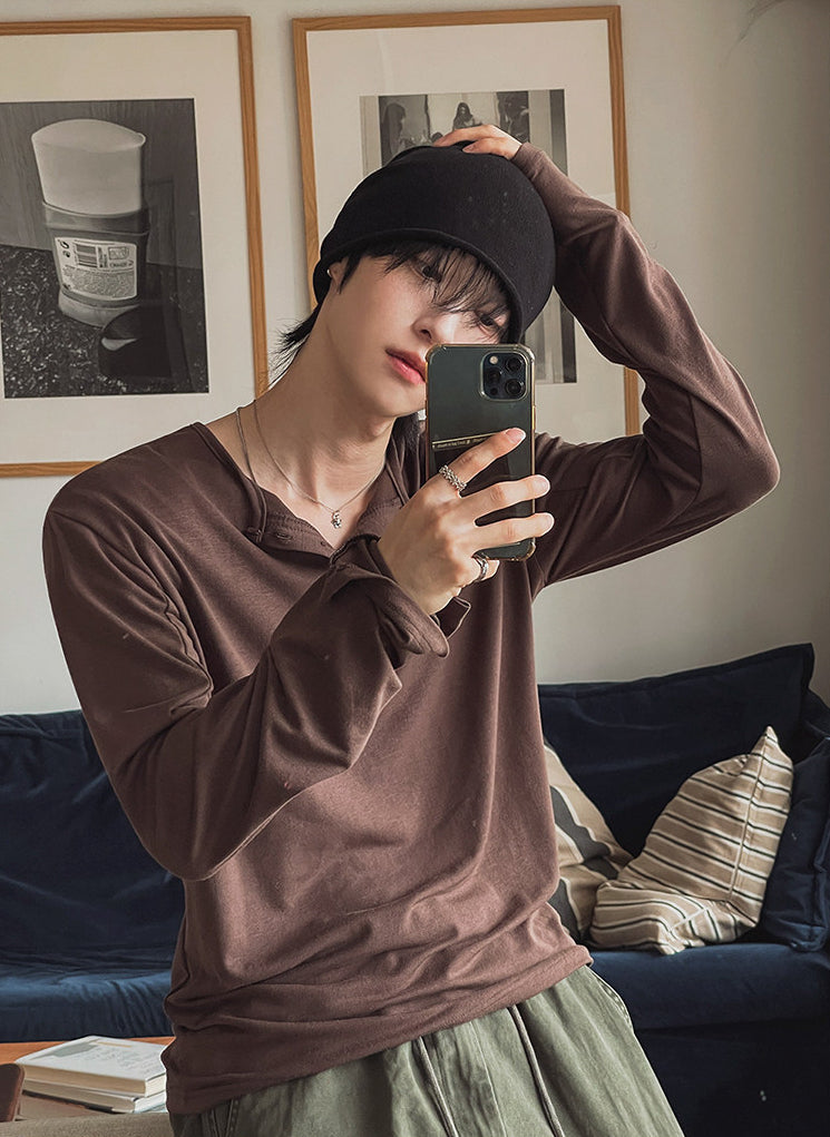 Henley Long Sleeve Casual T Shirt