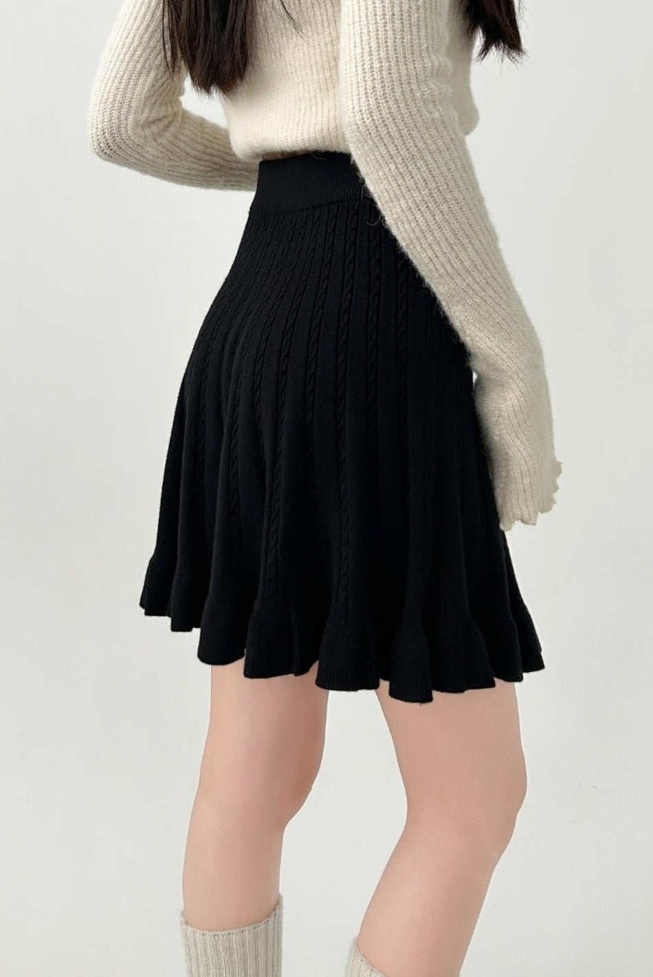 High Waist Black Knitted A Line Skirt