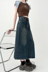 High Waist Denim A Line Midi Skirt