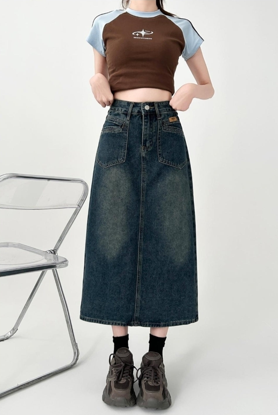 High Waist Denim A Line Midi Skirt