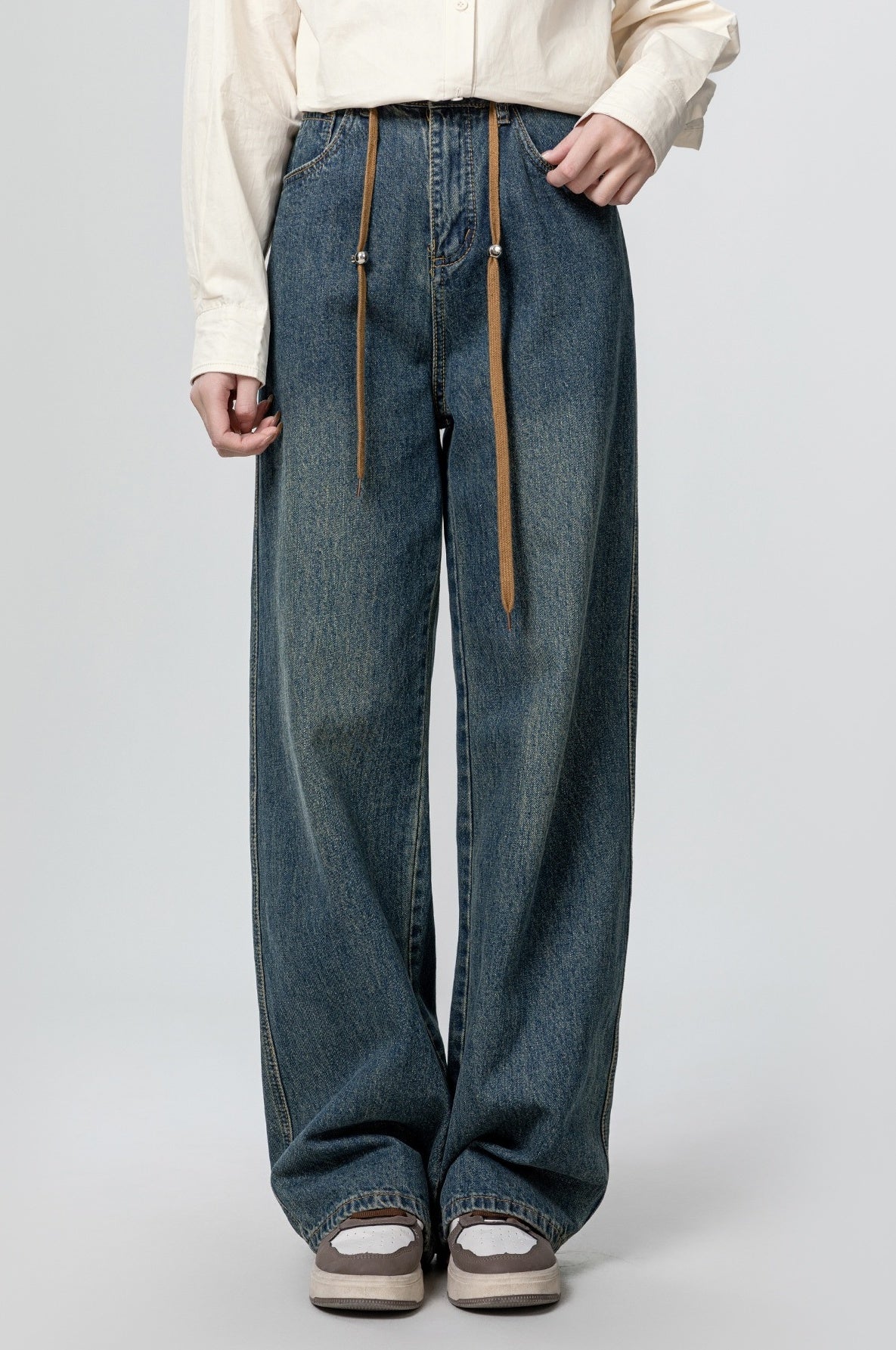 High Waist Drawstring Wide Leg Jeans