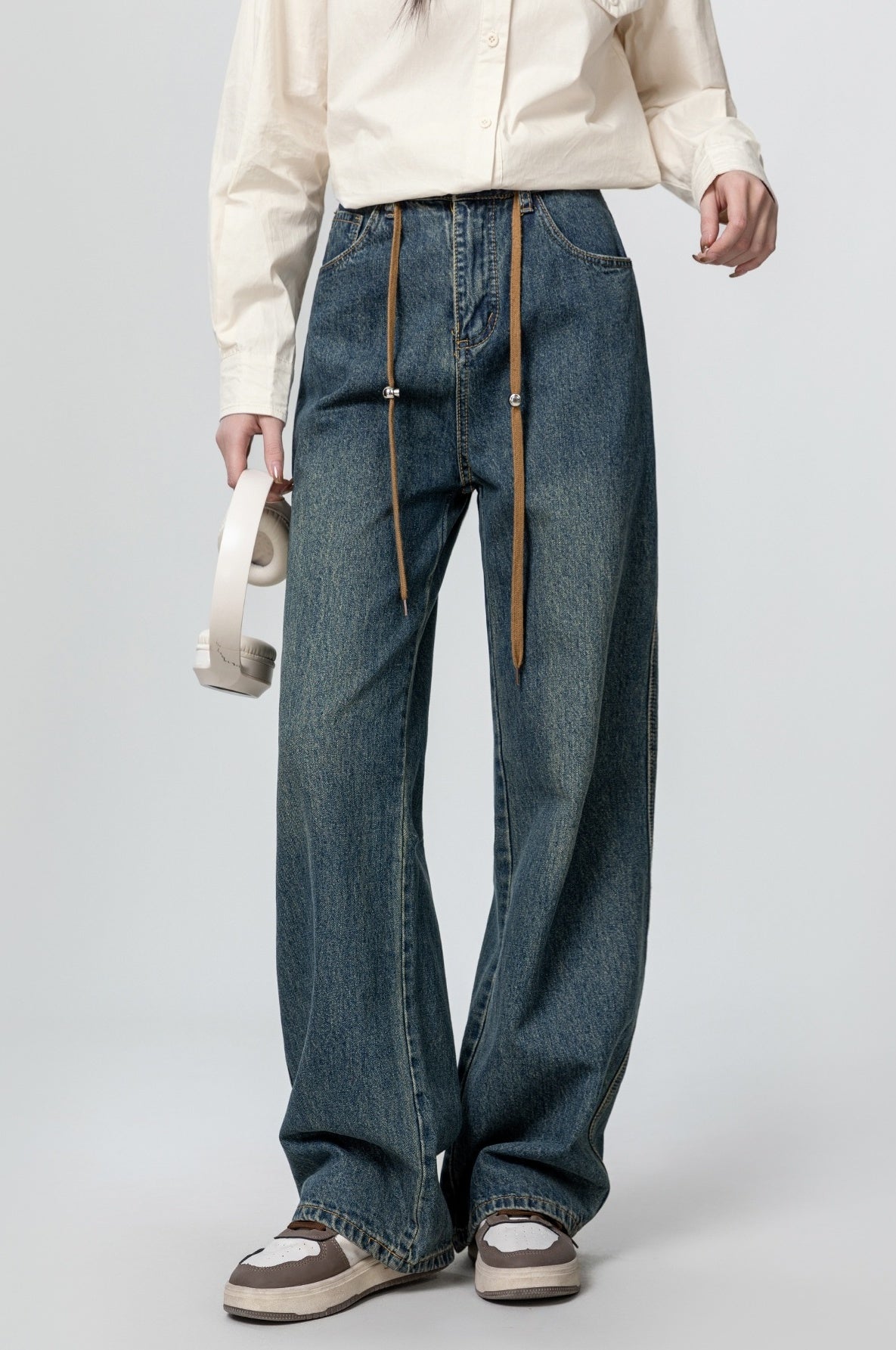 High Waist Drawstring Wide Leg Jeans