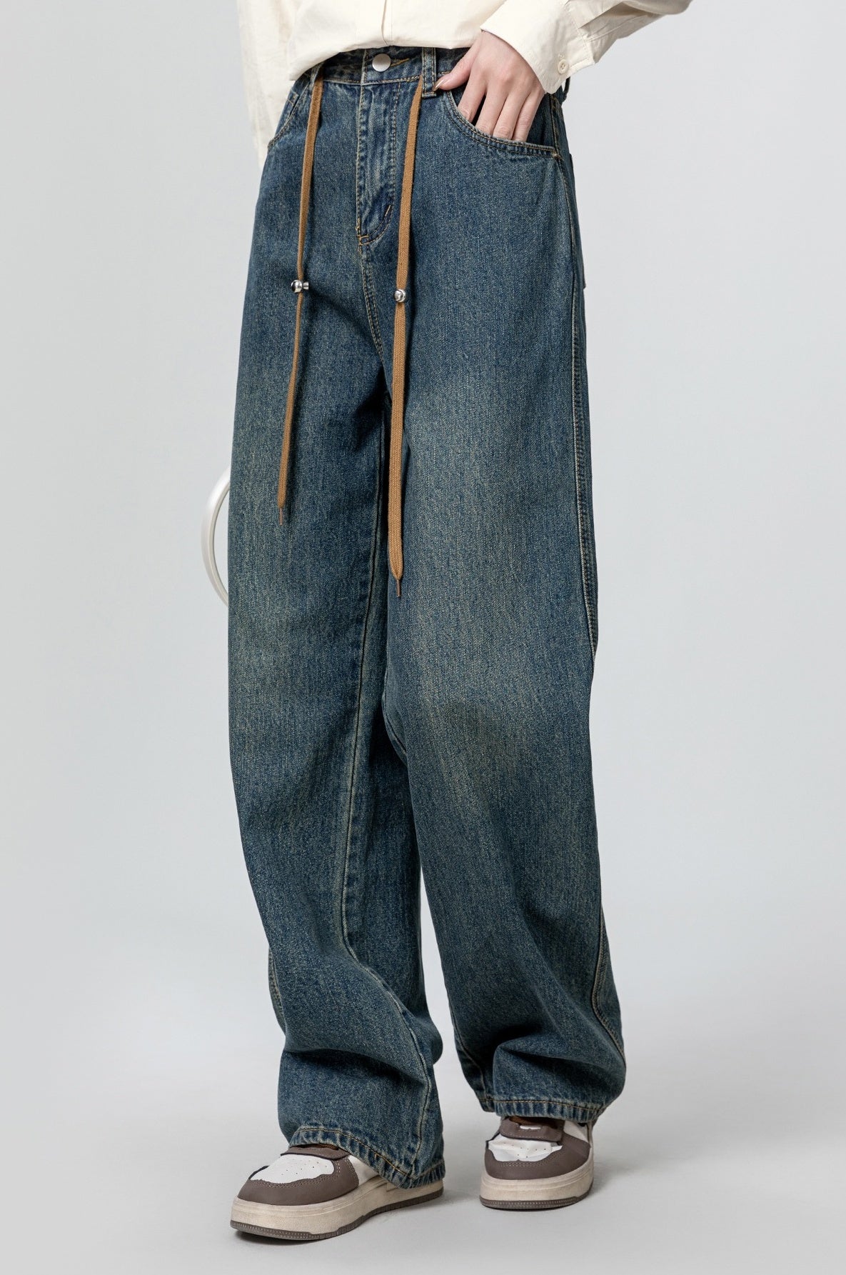 High Waist Drawstring Wide Leg Jeans
