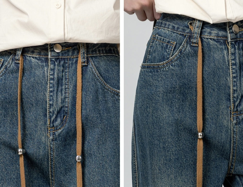 High Waist Drawstring Wide Leg Jeans