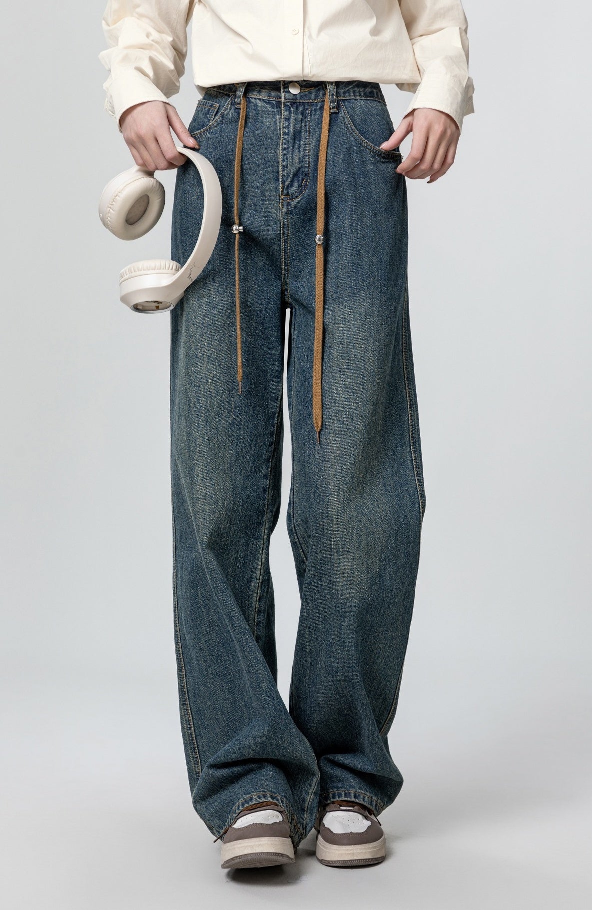 High Waist Drawstring Wide Leg Jeans