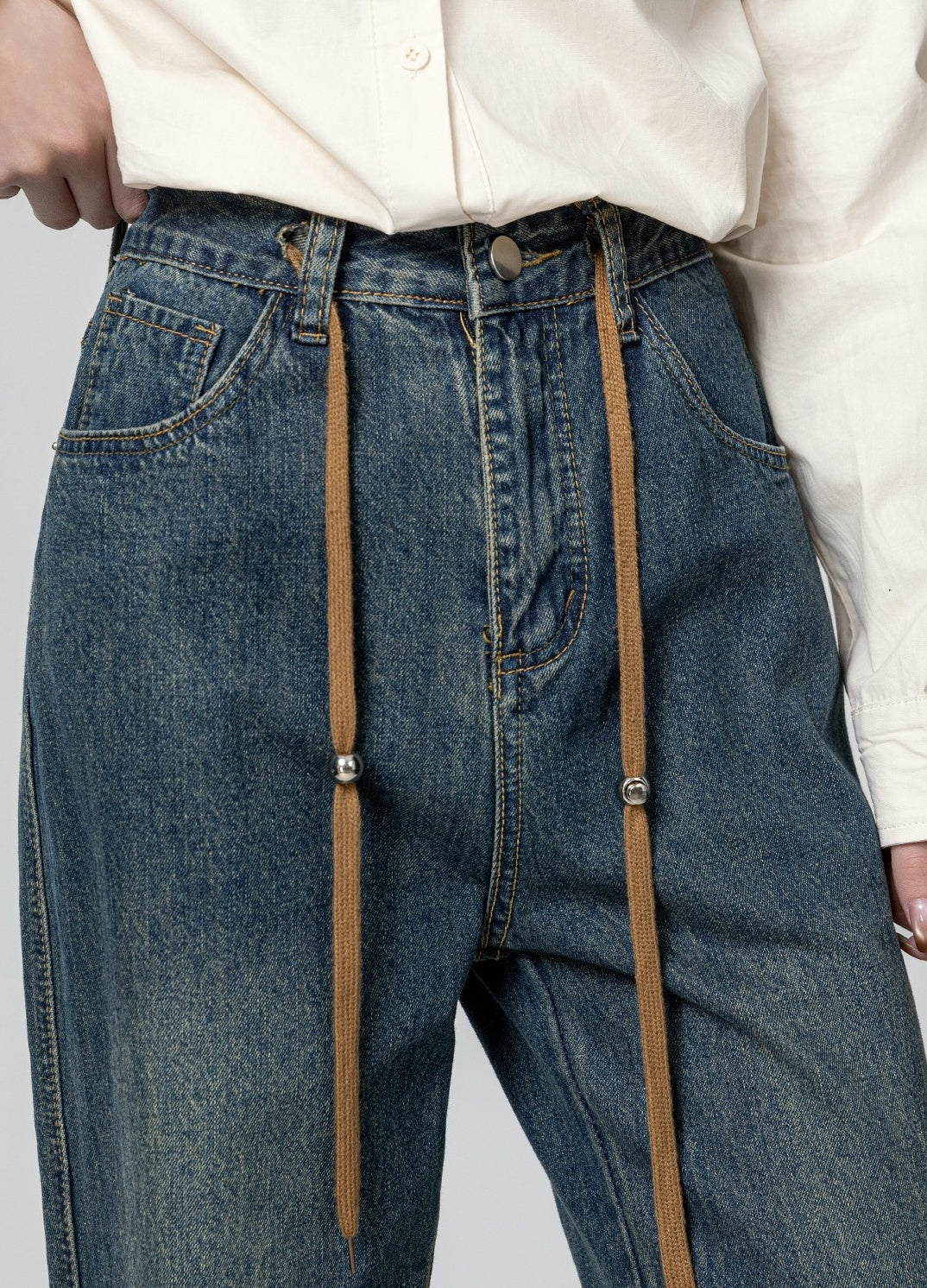 High Waist Drawstring Wide Leg Jeans