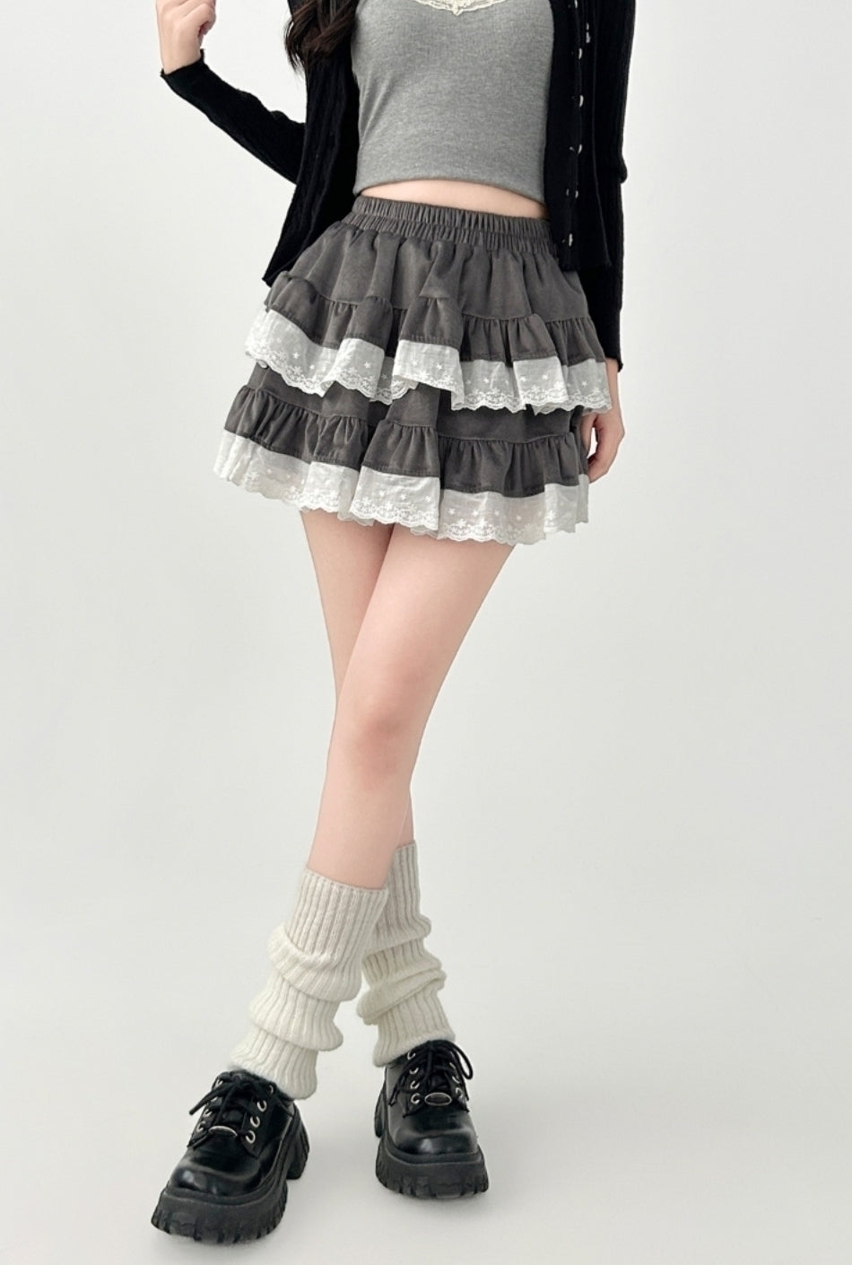 High Waist Lace Trim Puff Short Skirt
