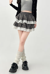 High Waist Lace Trim Puff Short Skirt