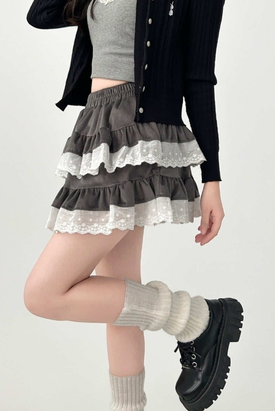 High Waist Lace Trim Puff Short Skirt