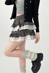 High Waist Lace Trim Puff Short Skirt