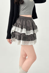 High Waist Lace Trim Puff Short Skirt