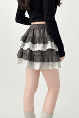 High Waist Lace Trim Puff Short Skirt