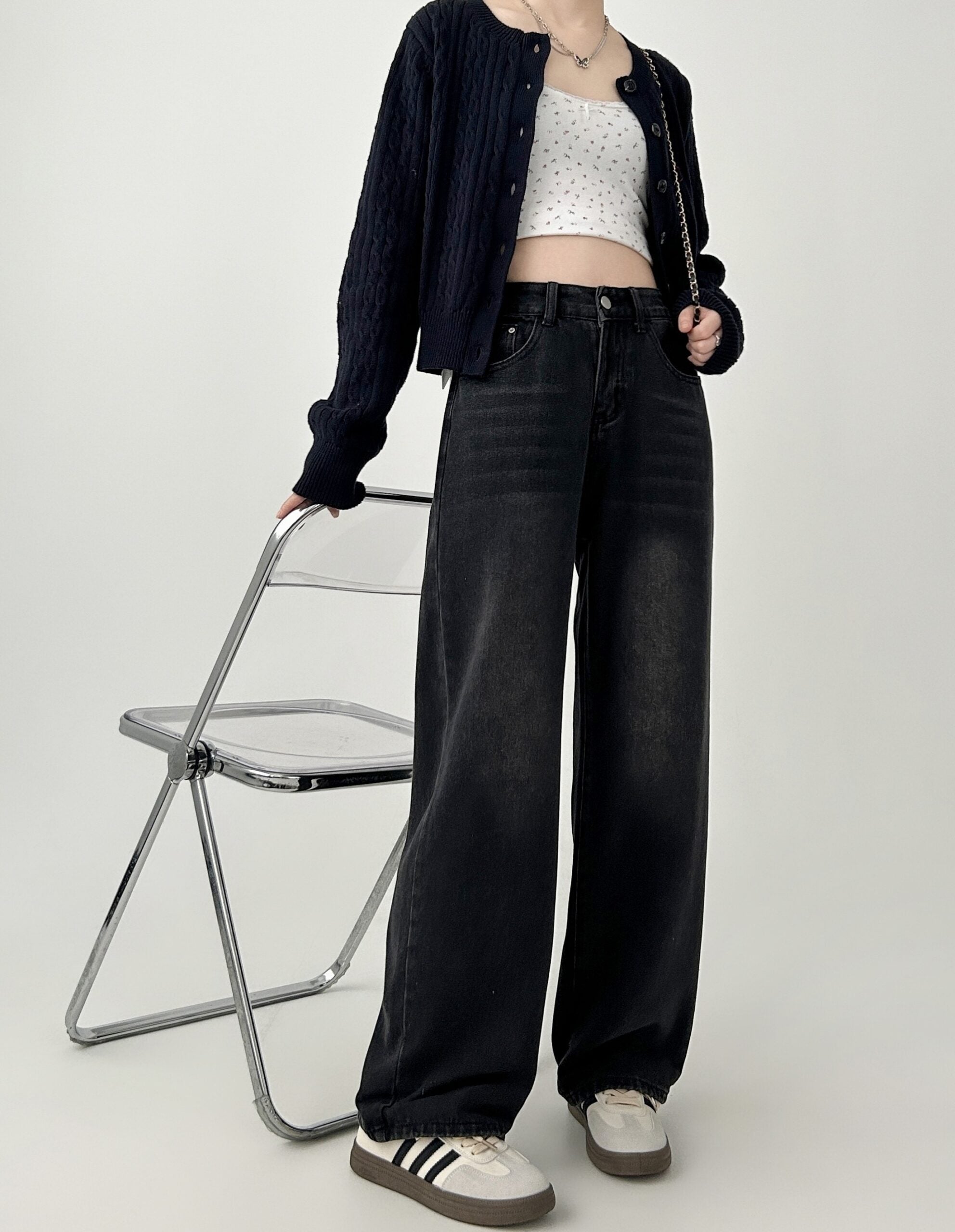 High Waist Loose Fit Black Grey Denim Pants