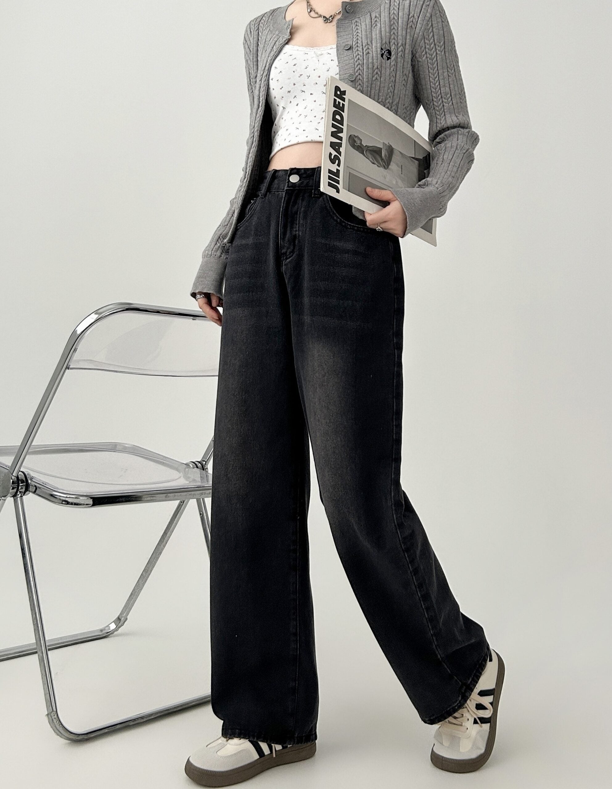 High Waist Loose Fit Black Grey Denim Pants