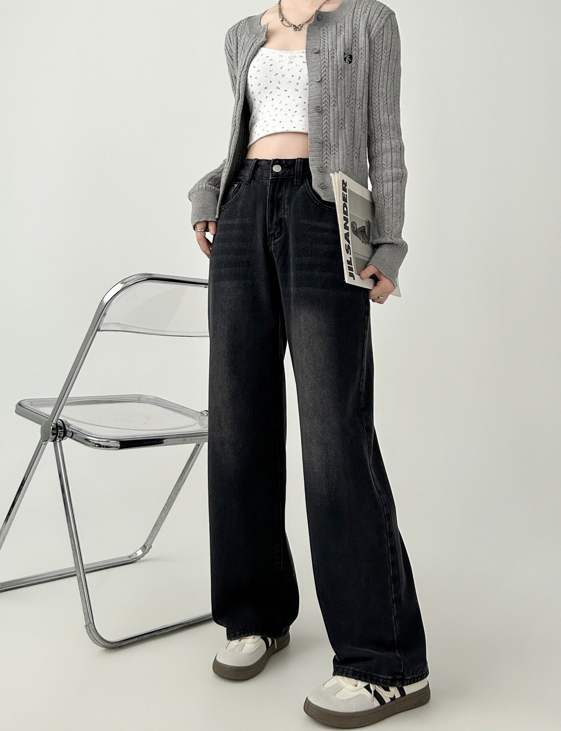 High Waist Loose Fit Black Grey Denim Pants