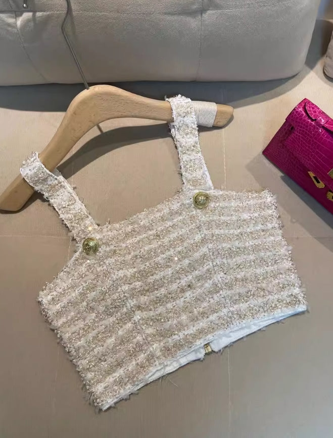 Beige Striped Tweed Crop Top