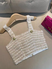Beige Striped Tweed Crop Top