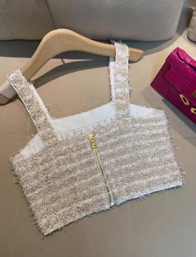 Beige Striped Tweed Crop Top