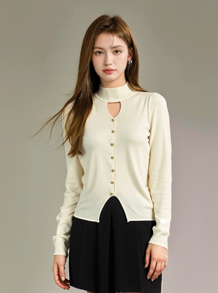Apricot Hollow High Neck Sweater With Front Slit