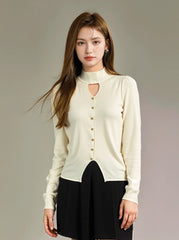 Apricot Hollow High Neck Sweater With Front Slit
