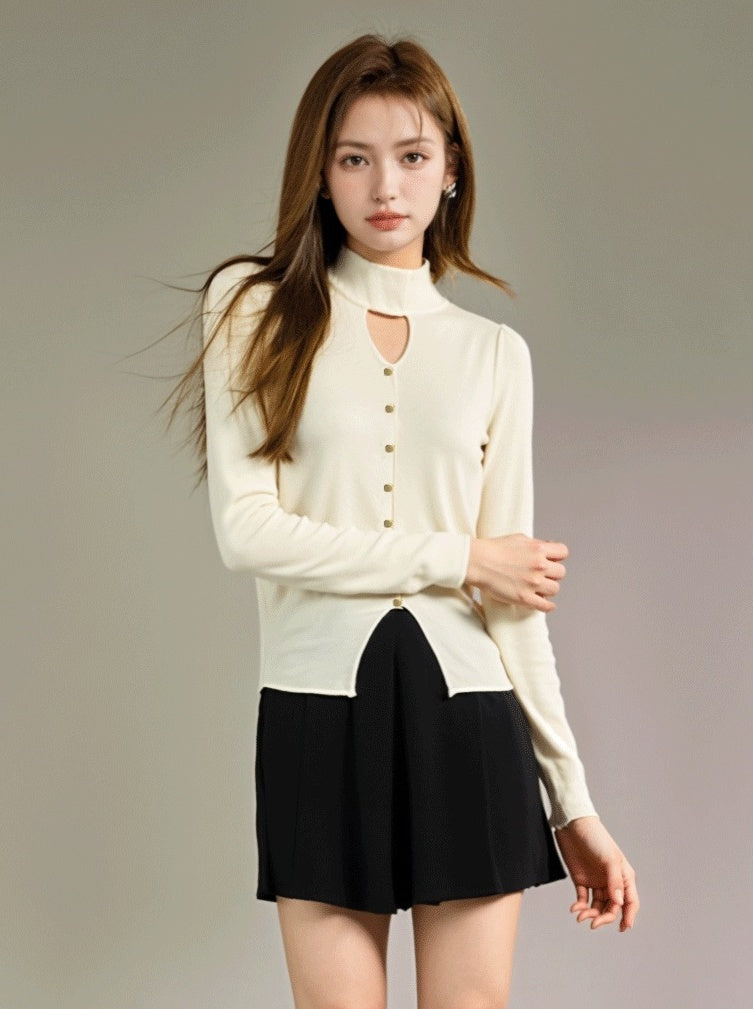 Apricot Hollow High Neck Sweater With Front Slit