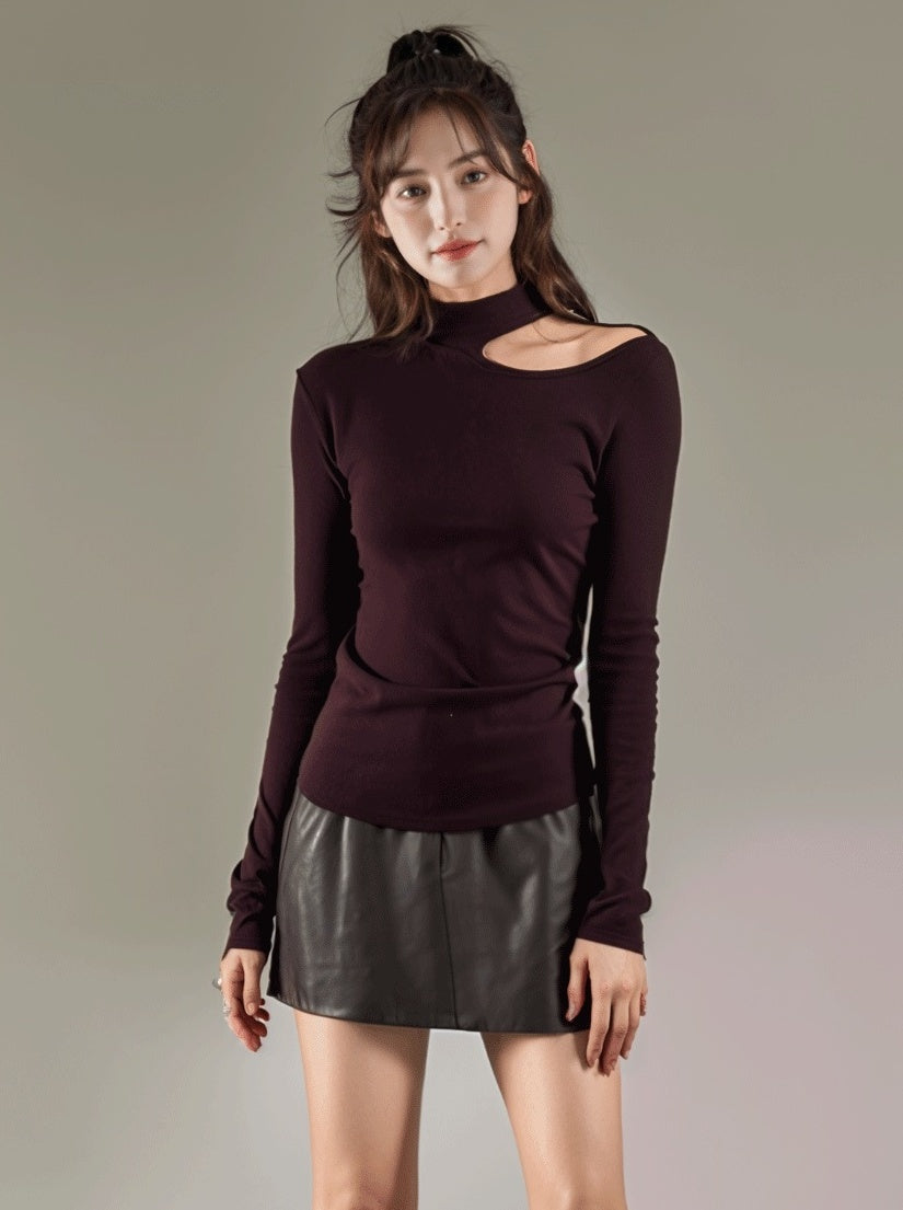 Purple Side Hollow Design Long Sleeve Tshirt