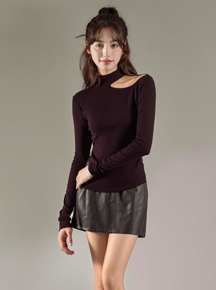 Purple Side Hollow Design Long Sleeve Tshirt