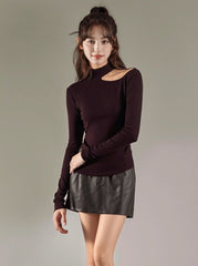 Purple Side Hollow Design Long Sleeve Tshirt