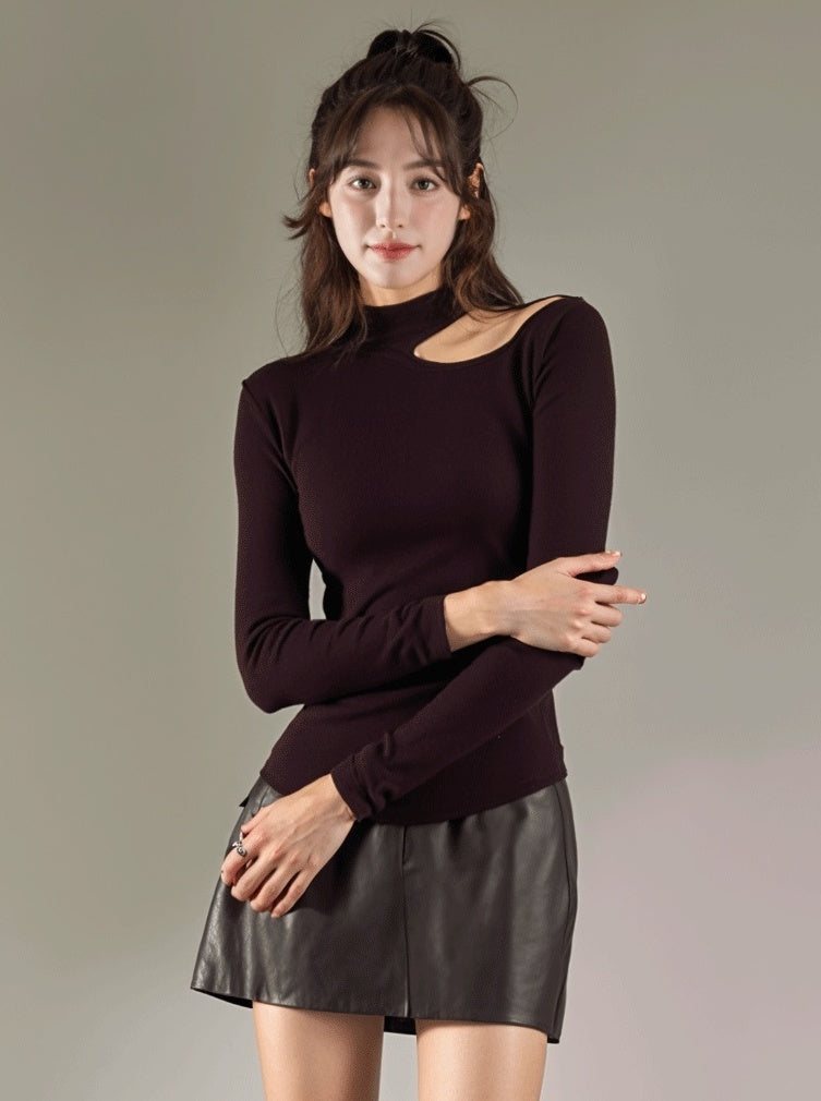Purple Side Hollow Design Long Sleeve Tshirt