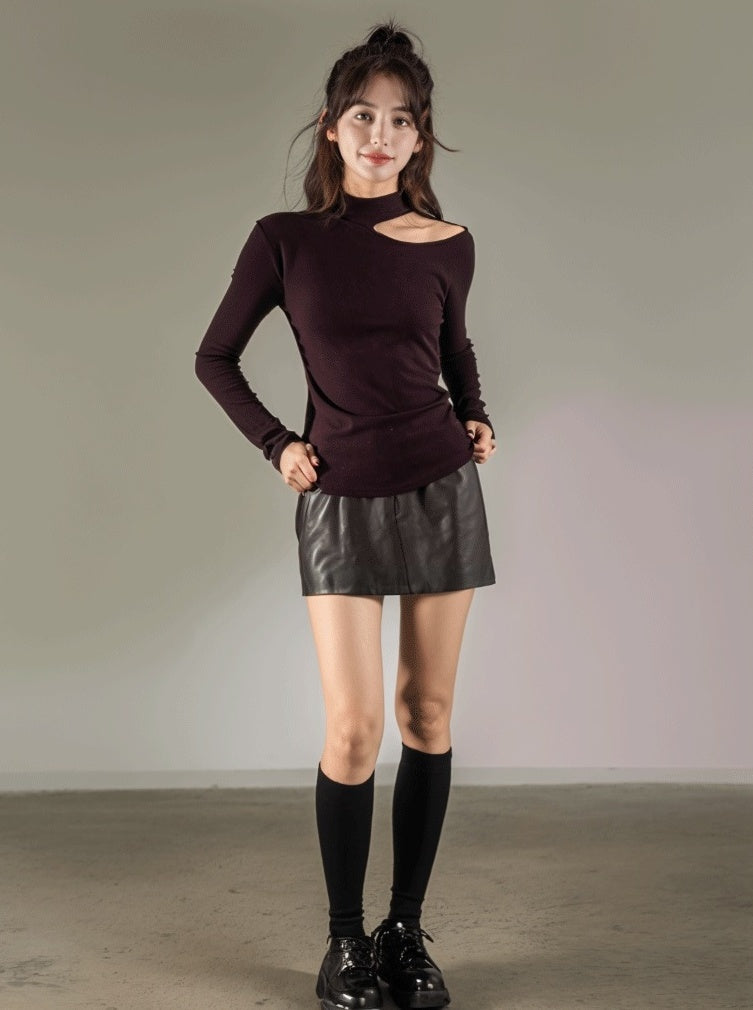 Purple Side Hollow Design Long Sleeve Tshirt
