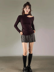 Purple Side Hollow Design Long Sleeve Tshirt