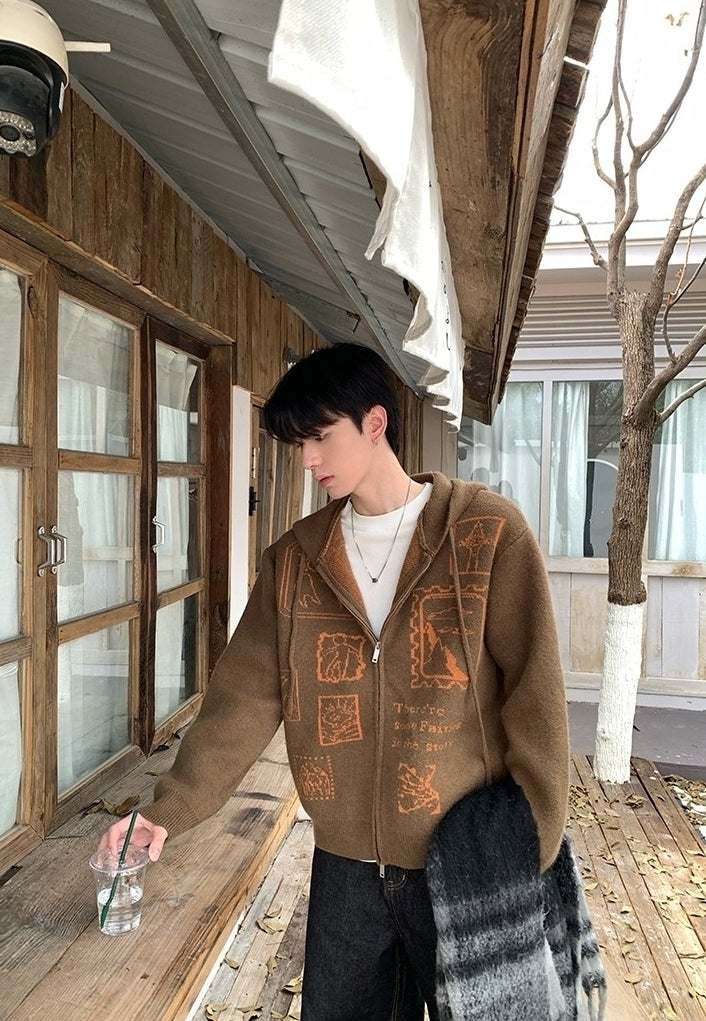 Hooded Zip Jacquard Knit Cardigan Sweater Jacket