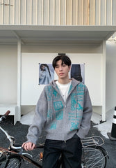 Hooded Zip Jacquard Knit Cardigan Sweater Jacket